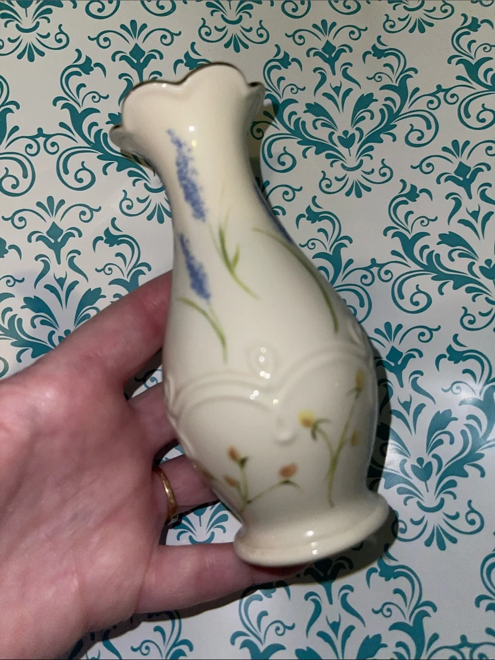 LENOX 5” Elegant Cream Floral Porcelain Bud Vase with Blue Accents